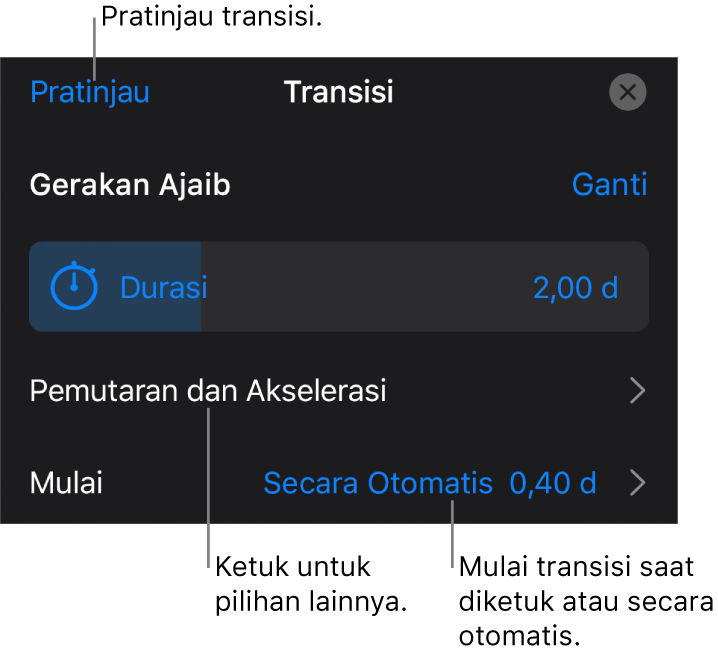 Gerakan Ajaib di panel Transisi.