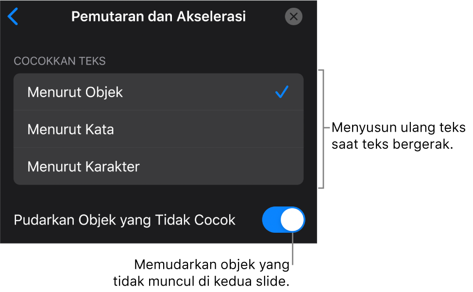 Pilihan pengiriman dan akselerasi Gerakan Ajaib di panel Akselerasi.