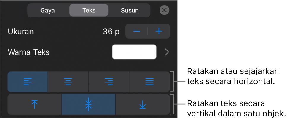 Bagian Perataan pada tombol Format dengan callout untuk tombol perataan teks.