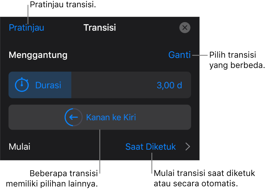 Kontrol di panel Pilihan untuk memodifikasi transisi.