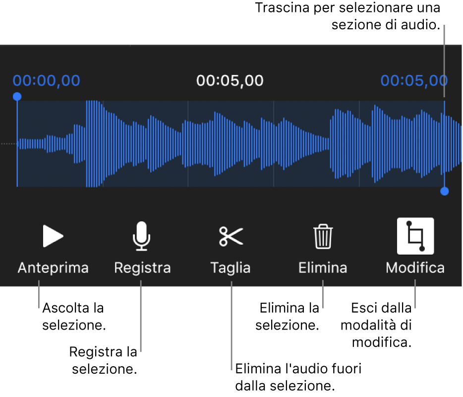 Controlli per modificare una registrazione audio. Maniglie che indicano la sezione selezionata della registrazione con pulsanti Anteprima, Registra, Taglia, Elimina e per la modalità di modifica al di sotto.