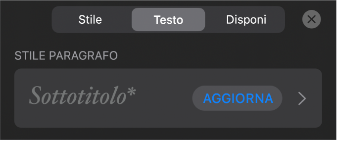 Stile paragrafo con un asterisco vicino e un pulsante Aggiorna sulla destra.