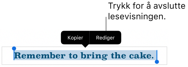 En setning er markert, og over den vises en kontekstmeny med knappene Kopier og Rediger.