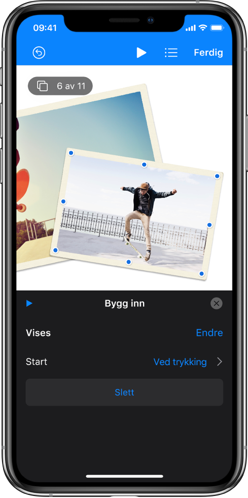 Animasjonskontroller for bildet som er markert i lysbildet. Nederst på skjermen er kontroller for Bygg inn-effekten som brukes.