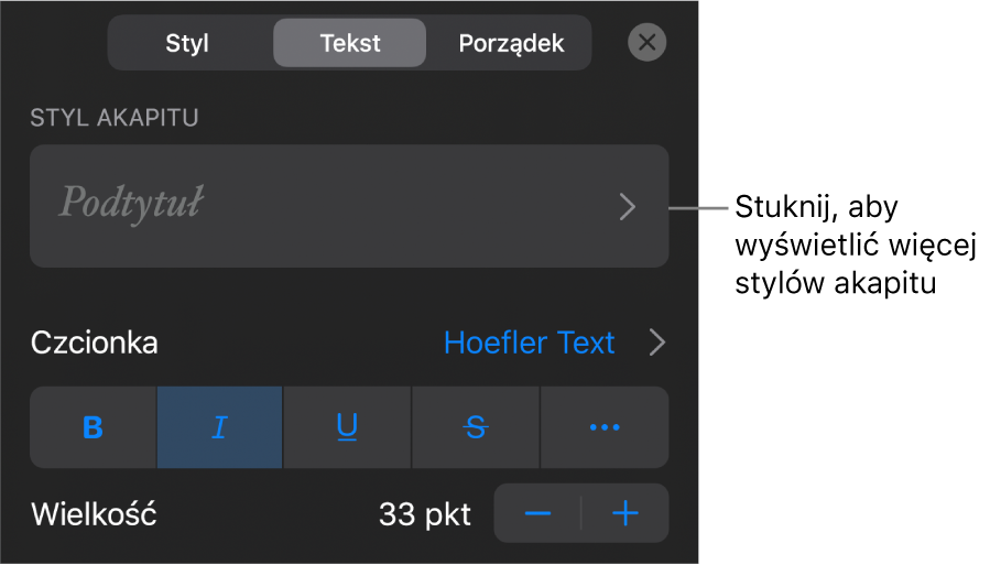 Menu Format z narzędziami tekstu pozwalającymi na ustawianie stylów akapitu, stylów znaków, czcionki, wielkości oraz koloru.