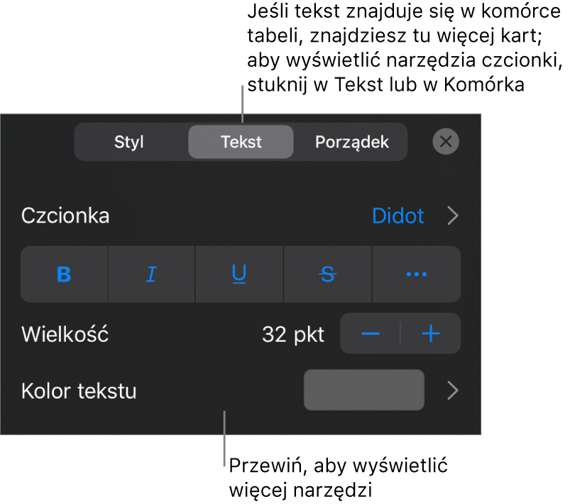 Narzędzia tekstów w menu Format służą do ustawiania stylów akapitu i znaków oraz czcionek ich wielkości i koloru.