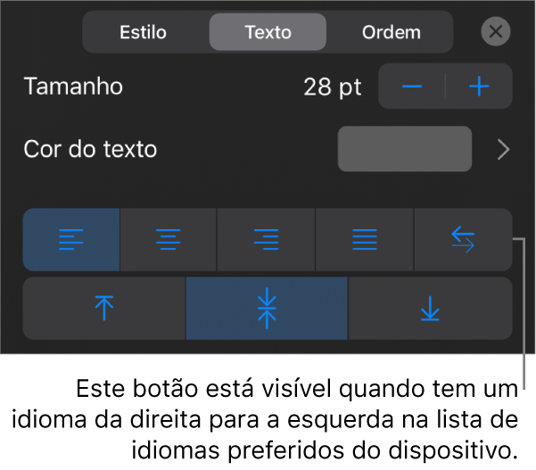 Controlos de texto no menu Formatação com uma chamada para o botão “Da direita para a esquerda”.
