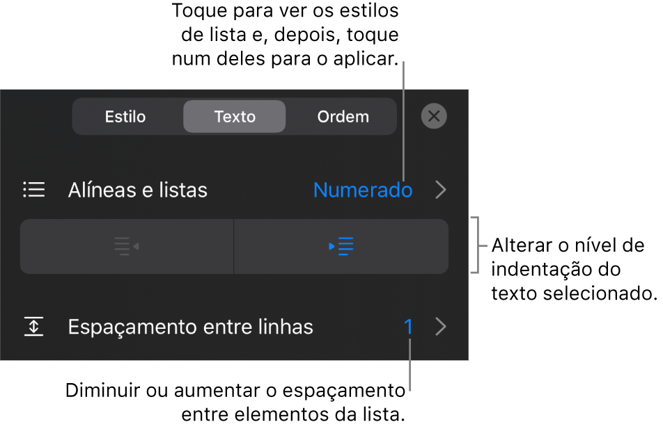 A secção “Marcas e listas” dos controlos de Formatação com chamadas para “Marcas e listas”, botões de remover indentação e de indentação e controlos de espaçamento.