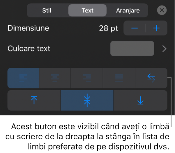 Comenzile pentru text din meniul Format cu o explicație referitoare la butonul De la dreapta la stânga.