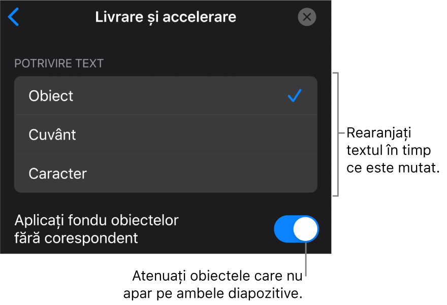 Opțiunile de livrare și accelerare Mutare magică din panoul Accelerare.