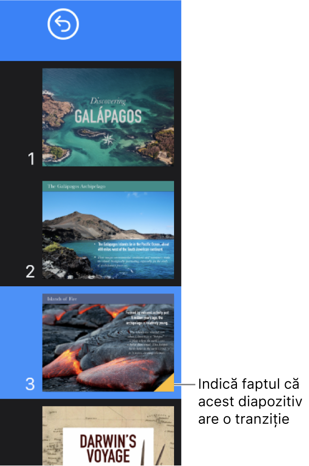 Un triunghi galben aflat pe un diapozitiv indică faptul că acesta deține o tranziție.