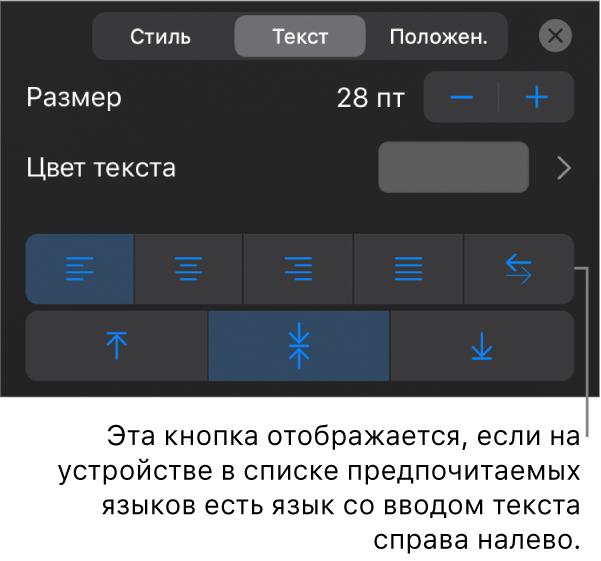 Элементы управления текстом в меню «Формат». Выноска указывает на кнопку «Справа налево».