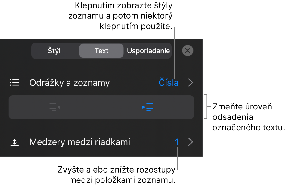 Sekcia Odrážky a zoznamy ovládacích prvkov Formát s bublinami popisujúcimi položku Odrážky a zoznamy, tlačidlami odsadenia a ovládacími prvkami na nastavenie medzery medzi riadkami.