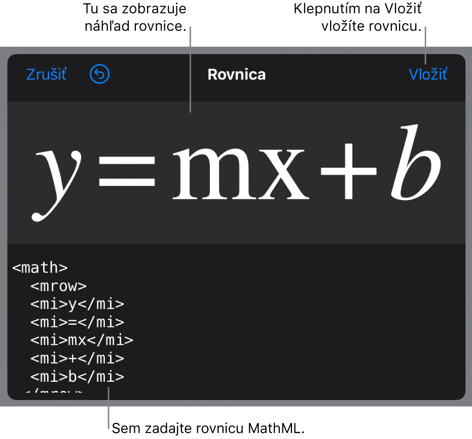 Kód MathML pre rovnicu sklonu čiary, vyššie sa nachádza náhľad vzorca.