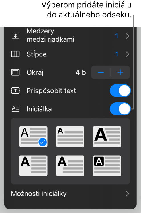 Ovládacie prvky Iniciálka v spodnej časti menu Text.