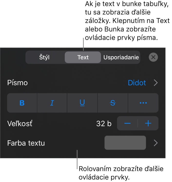 Ovládacie prvky textu v menu Formát pre nastavenie štýlov, písma, veľkosti a farby odsekov a znakov.