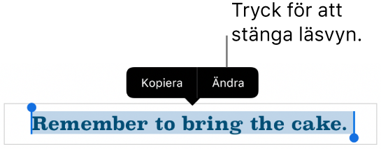 En mening är markerad och ovanför den finns en kontextmeny med knapparna Kopiera och Ändra.