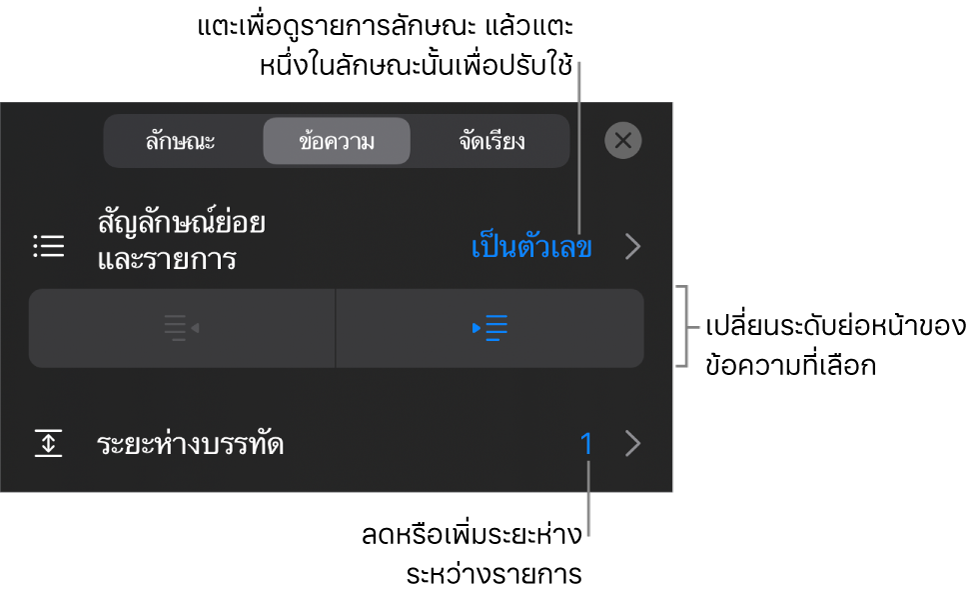 ส่วนสัญลักษณ์ย่อยและรายการของตัวควบคุมรูปแบบที่มีคำบรรยายสำหรับสัญลักษณ์ย่อยและรายการ ปุ่มการเยื้องออกและการเยื้องเข้า และตัวควบคุมระยะห่างบรรทัด