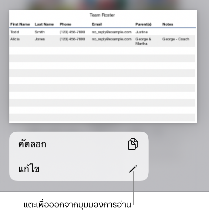 ตารางถูกเลือกอยู่ และด้านล่างเป็นเมนูที่มีปุ่มคัดลอกและปุ่มแก้ไข