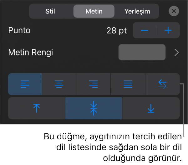 Sağdan Sola düğmesini gösteren bir belirtme çizgisi ile Biçim menüsündeki metin denetimleri.