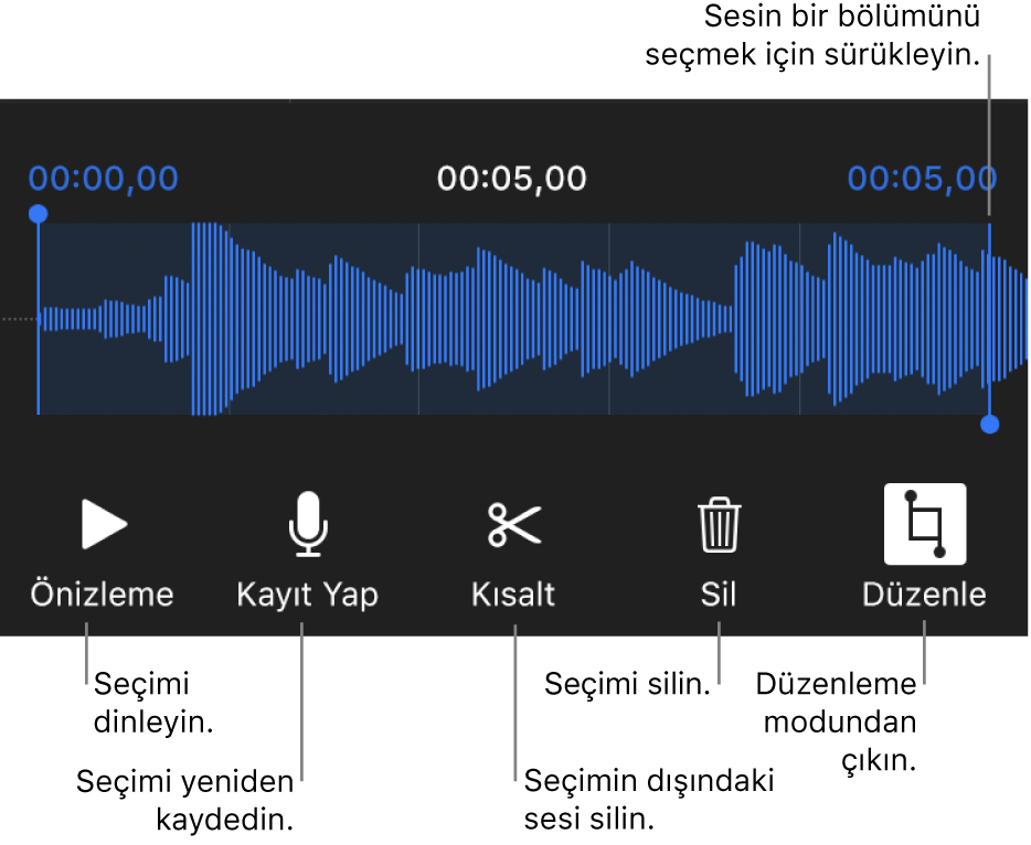 Kaydedilen sesi düzenleme denetimleri. Tutamaklar kaydın seçilen kısmını gösterir; Önizleme, Kaydet, Kes, Sil ve Düzen Modu düğmeleri aşağıdadır.