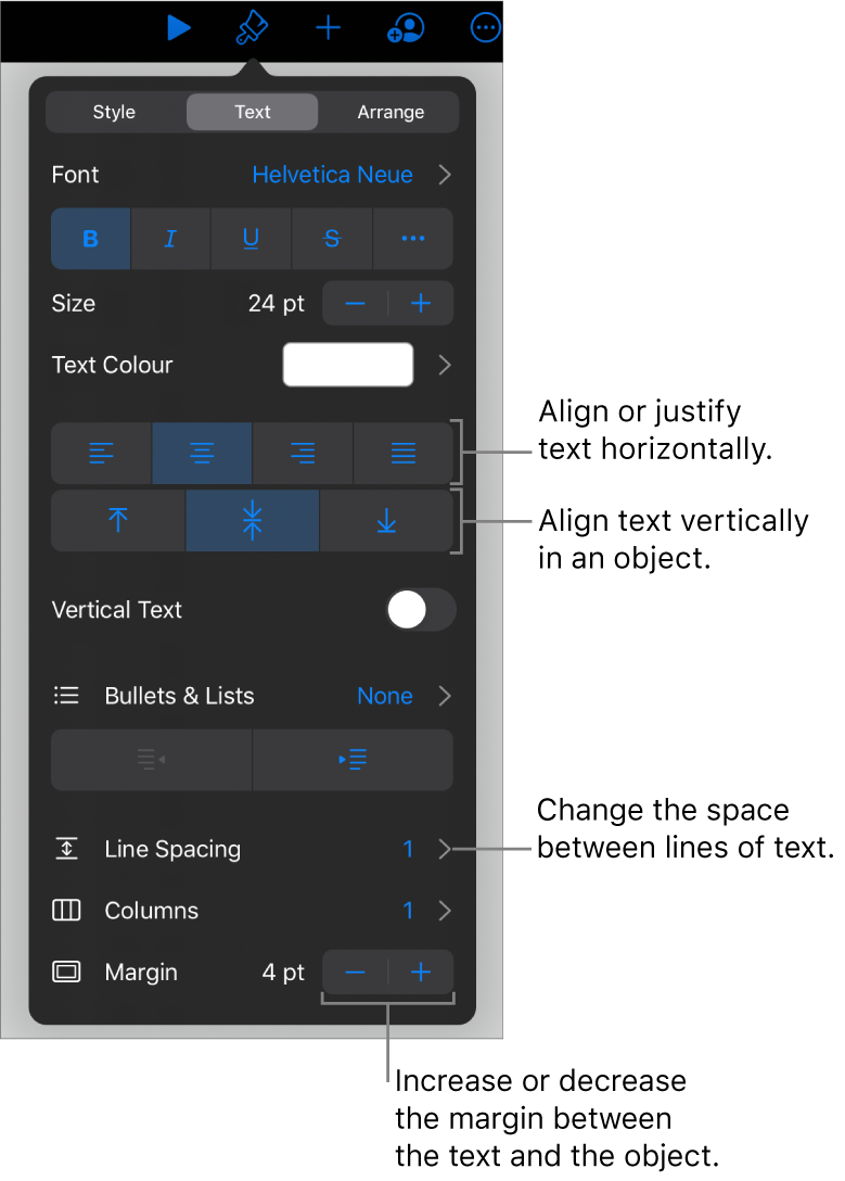 The Layout pane with call outs to the text alignment and spacing buttons.
