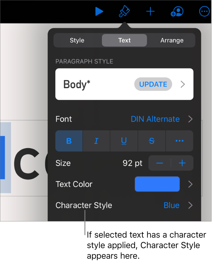 The Text formatting controls with Character Style below the Color controls. The character style None appears with an asterisk.