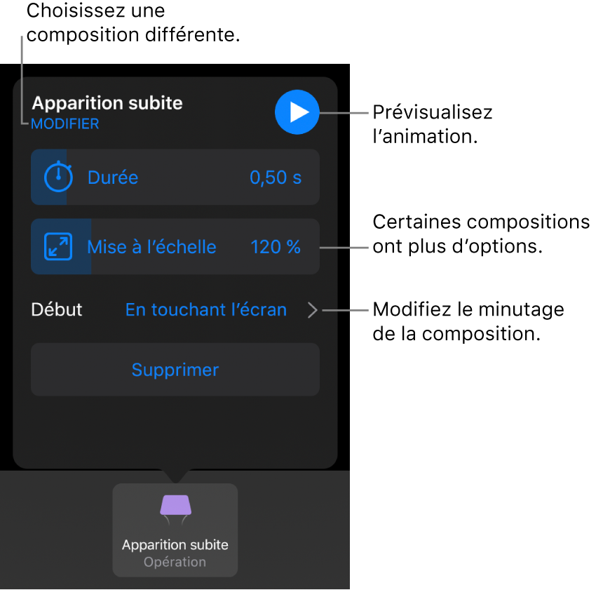 Les options de composition comprennent les minutages Durée et Début. Touchez Modifier pour choisir une composition différente, ou touchez Aperçu pour la prévisualiser.