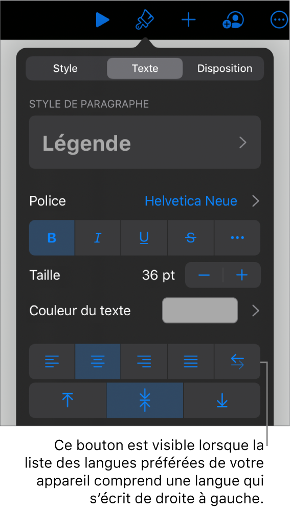 Commandes de texte du menu Format avec le bouton De gauche à droite accompagné d’une légende.