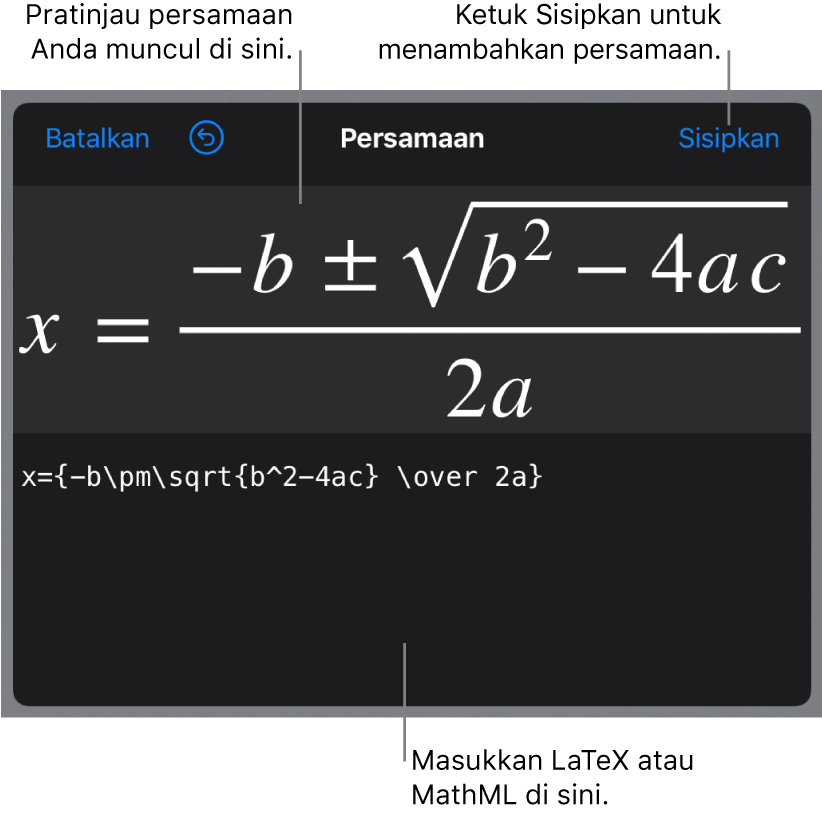 Dialog Persamaan, menampilkan formula kuadratik yang ditulis menggunakan perintah LaTeX, dan pratinjau formula di atas.