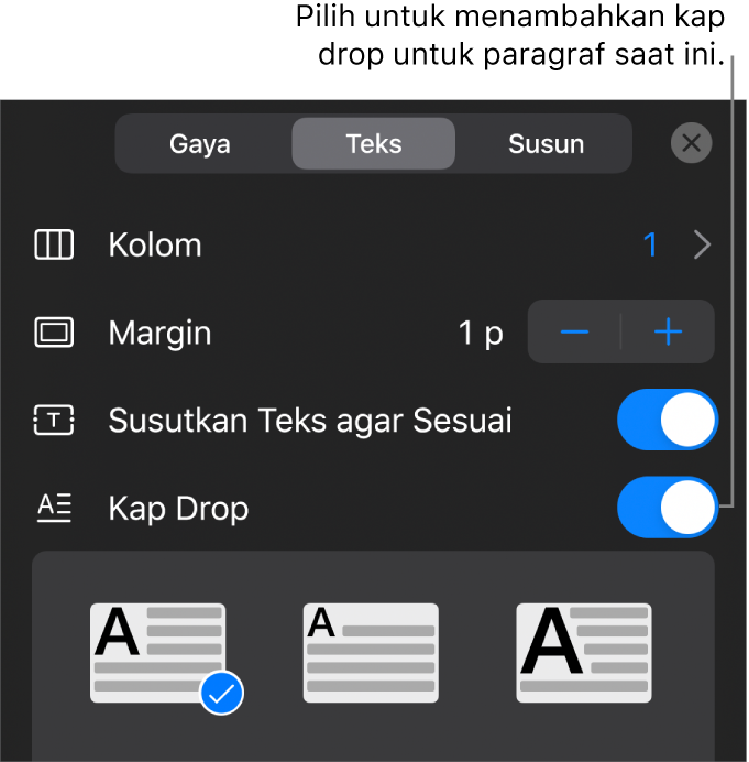 Kontrol Kap Drop terletak di bagian bawah menu Teks.