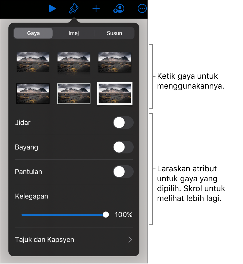 Tab Gaya menu Format dengan gaya objek di bahagian atas dan kawalan di bawahnya untuk menukar jidar, bayang, pantulan dan kelegapan.