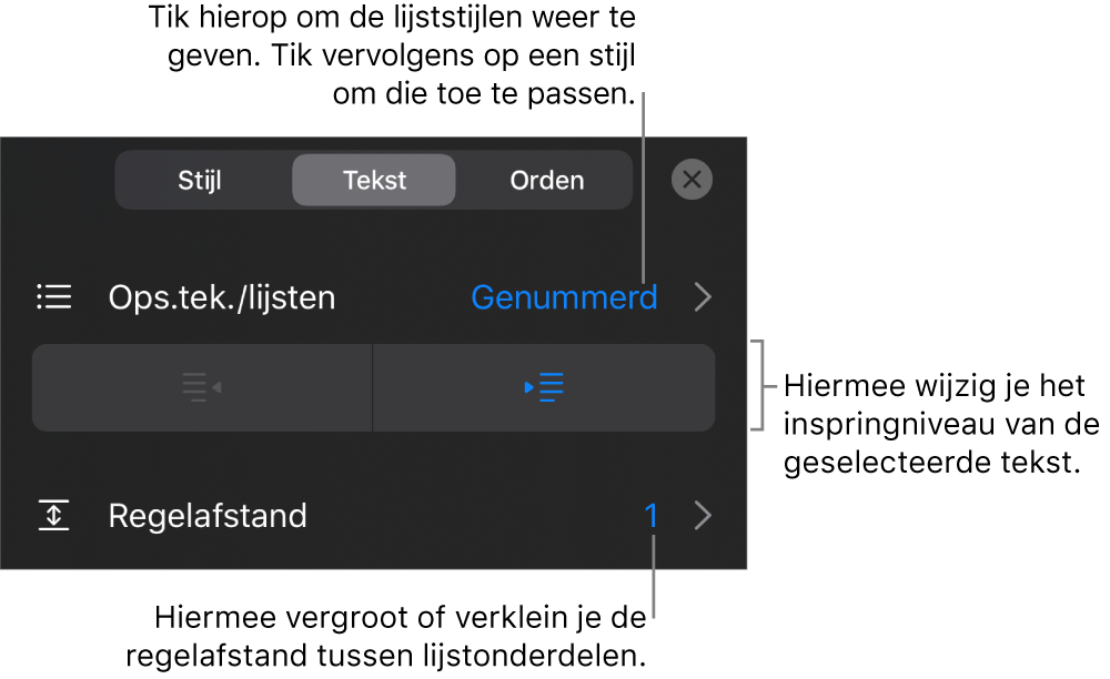 Het gedeelte 'Ops.tek./lijsten' van de opmaakregelaars met uitleg bij 'Ops.tek./lijsten', de inspringknoppen en de regelaars voor de regelafstand.