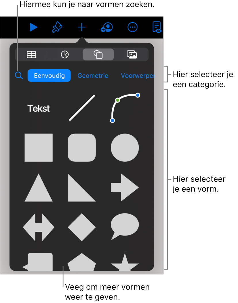 De vormenbibliotheek met bovenaan categorieën en onderaan vormen. Je kunt het zoekveld bovenaan gebruiken om vormen te zoeken. Veeg om meer opties weer te geven.