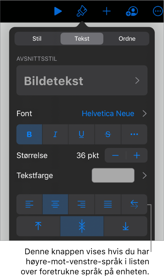 Tekstkontroller i Format-menyen med en bildeforklaring for Venstre til høyre-knappen.