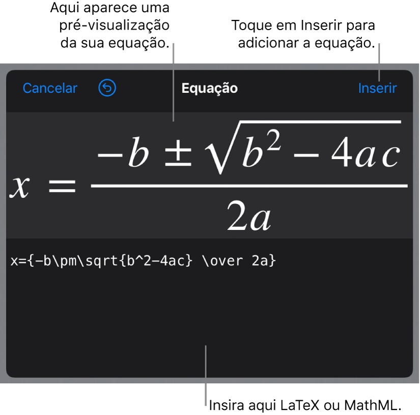 O diálogo Equação, com a fórmula quadrática escrita com comandos LaTeX e uma pré-visualização da fórmula acima.
