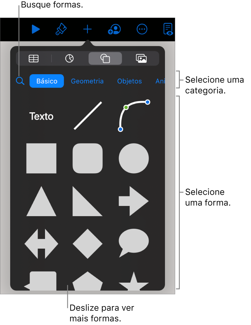 A biblioteca de formas, com categorias na parte superior e formas exibidas abaixo. Você pode utilizar o campo de pesquisa na parte superior e deslizar para ver mais.