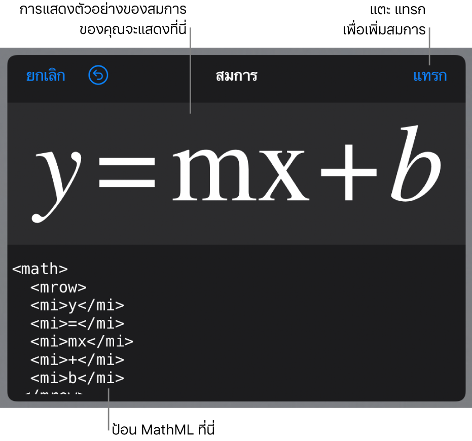 รหัส MathML ของสมการสำหรับความชันของเส้น และการแสดงตัวอย่างของสูตรด้านบน