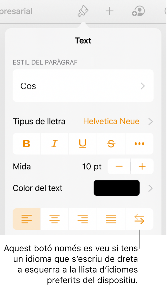 Controls de text del menú Format amb una llegenda per al botó “De dreta a esquerra”.