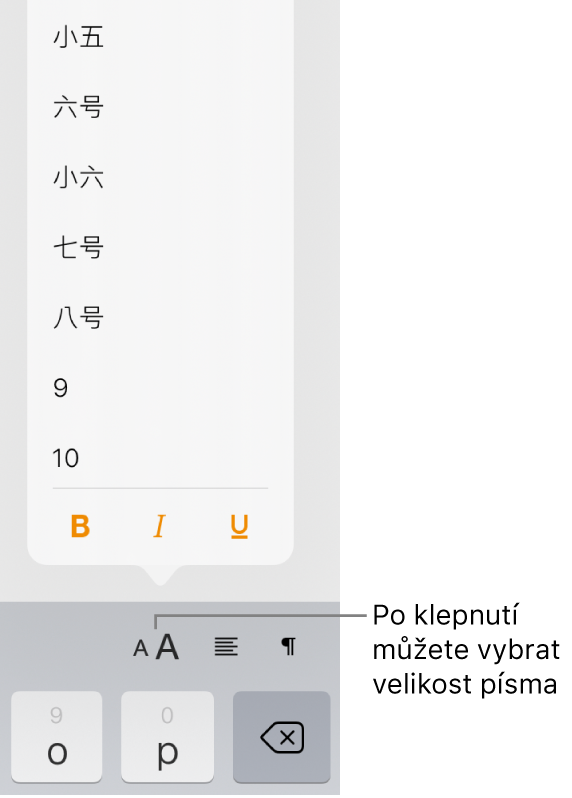 Tlačítko Velikost písma na pravé straně klávesnice iPadu s otevřenou nabídkou Velikost písma. Nejprve jsou v nabídce uvedeny velikosti písma podle státní normy kontinentální Číny a za nimi standardní velikosti písma v bodech
