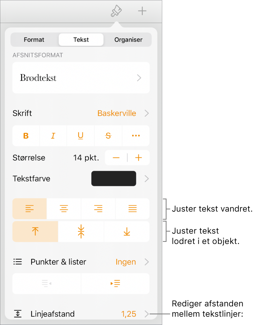 Knappen Format med fanen Tekst valgt og billedforklaringer til tekstjusteringsknapperne og menuemnet Linjeafstand.