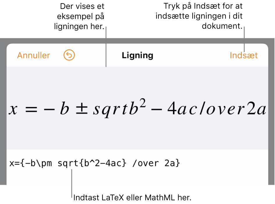 Dialogen til redigering af ligninger, der viser den kvadratiske formel skrevet ved hjælp af LaTeX-kommandoer og derover et eksempel på formlen.