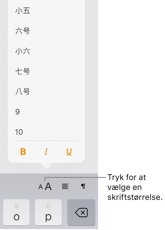 Knappen Skriftstørrelse i højre side af tastaturet på iPad og menuen Skriftstørrelse. De standardskriftstørrelser, der er fastlagt af regeringen i Kina, fastlandet, vises øverst på menuen efterfulgt af punktstørrelserne.
