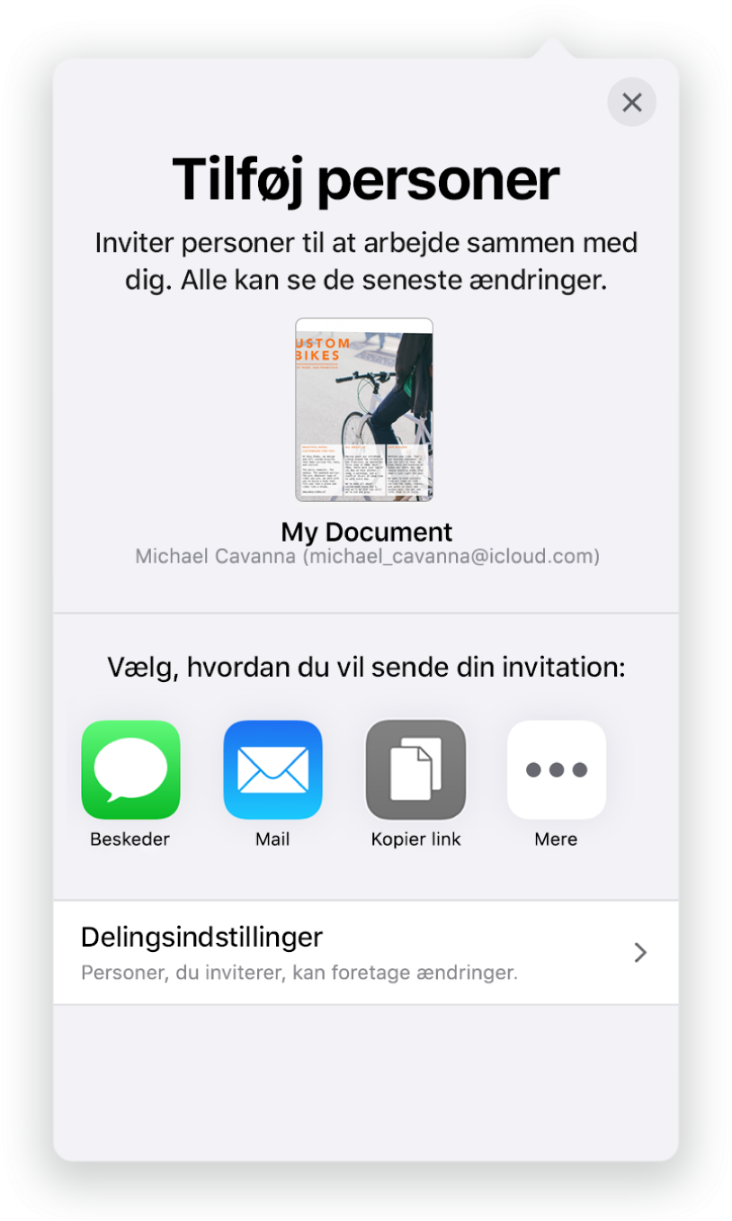 Skærmen Tilføj personer, der viser et billede af det dokument, der skal deles. Derunder er der knapper for forskellige måder at sende invitationen på, herunder Mail, og mulighederne Kopier link og Mere. Nederst findes knappen Delingsindstillinger.