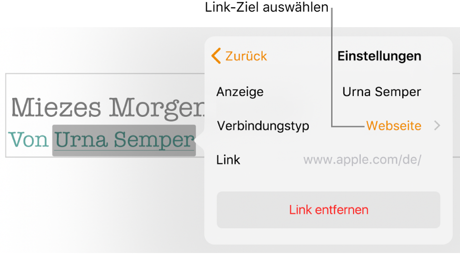 Das Popover „Linkeinstellungen“ mit den Feldern „Anzeigen“, „Ziel“ (auf Webseite eingestellt“) und „Link“. Unten im Popover befindet sich die Taste „Link entfernen“.