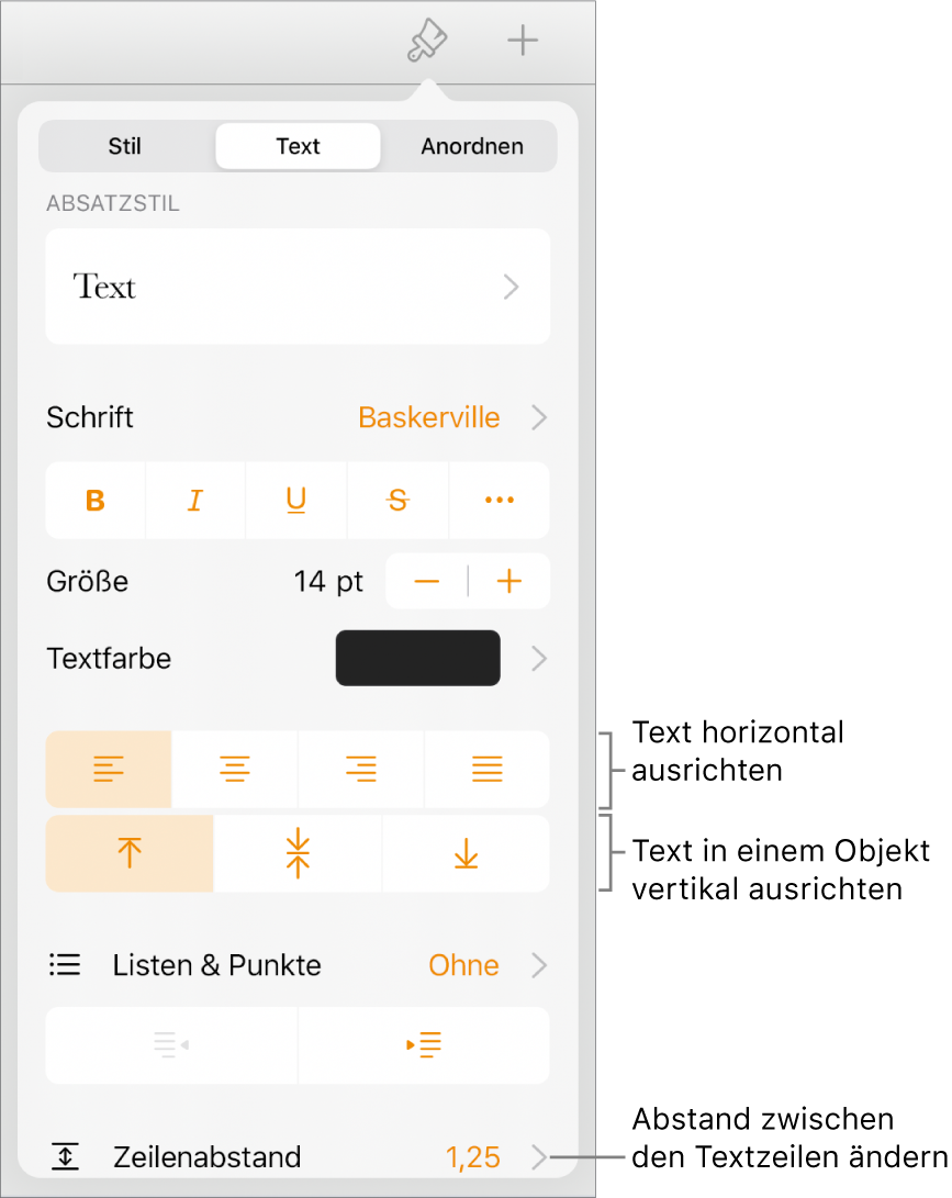 Die Taste für die Formatsteuerungen mit dem ausgewählten Tab „Text“ und Beschriftungen für die Textausrichtungstasten und die Menüoption „Zeilenabstand“.