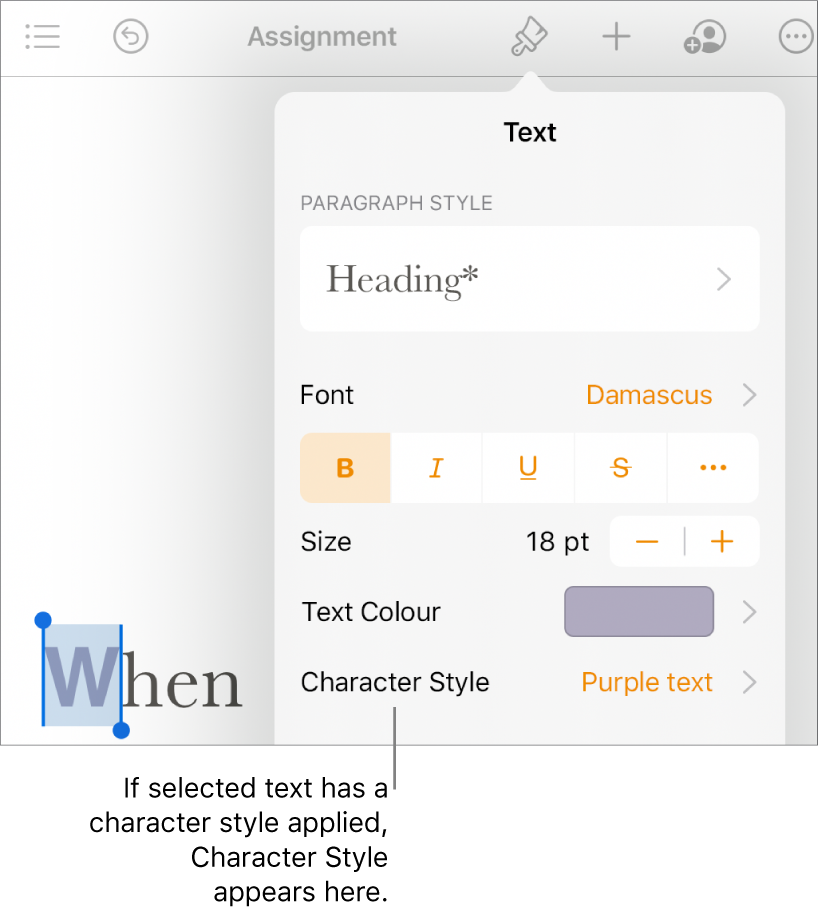 The Text formatting controls with Character Style below the Text Colour controls.