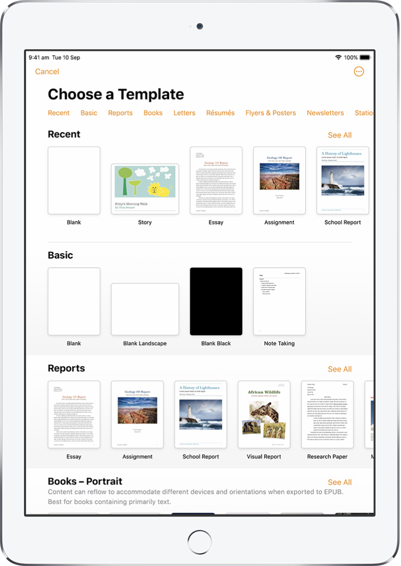 The template chooser, showing a row of categories across the top that you can tap to filter the options. Below are thumbnails of pre-designed templates arranged in rows by category, starting with Recent at the top and followed by Basic and Reports. A See All button appears above and to the right of each category row. The Language and Region button is in the top-right corner.