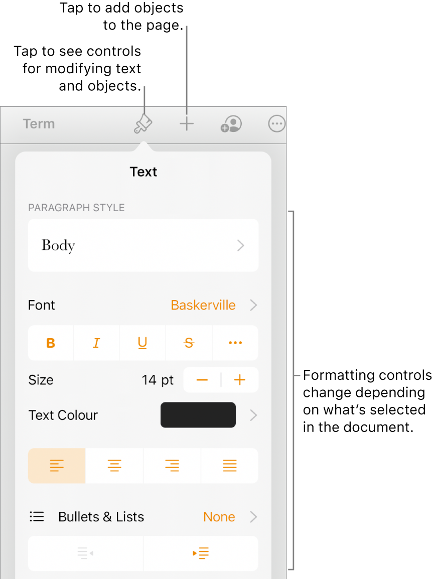 The Format controls are open and showing controls to change paragraph style, modify fonts and format font spacing. Callouts at the top point out the Format button in the toolbar and to its right, the Insert button to add objects to the page.