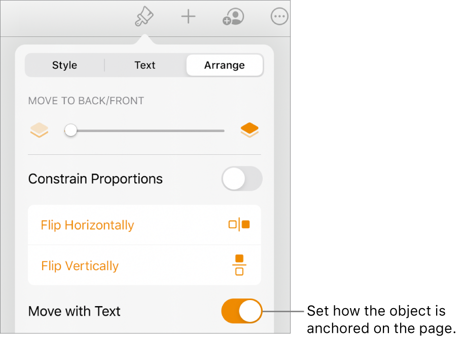 The Format controls with the Arrange tab selected and controls for Move to Back/Front, Move with Text and Text Wrap.